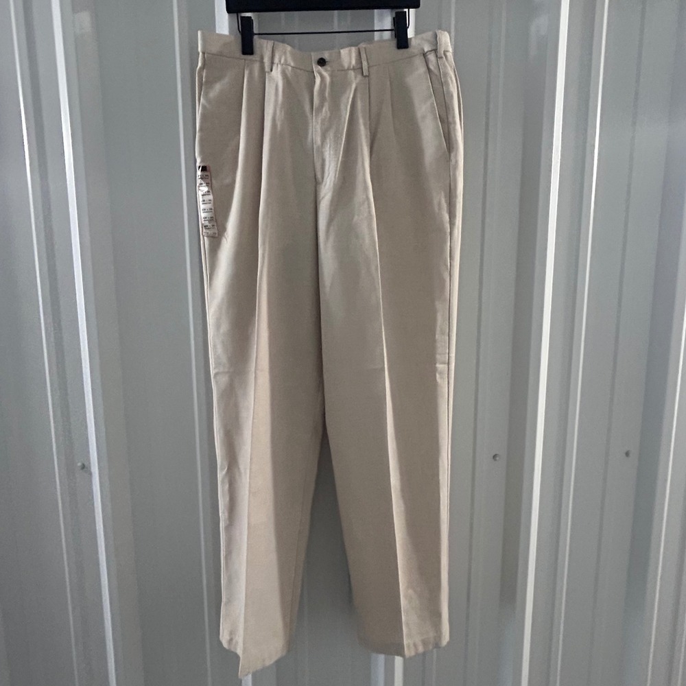 Haggar Mens No Iron Linen Blend Pleated Pants Oatmeal Beige 40x34 Classic Fit